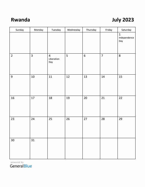 July 2023 Calendar with Rwanda Holidays