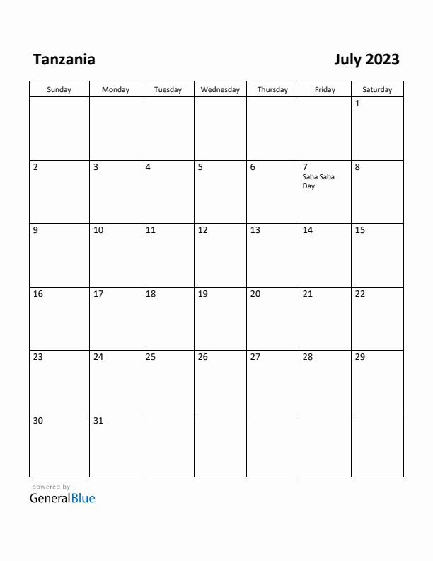 July 2023 Calendar with Tanzania Holidays