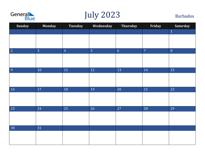 Barbados July 2023 Calendar with Holidays