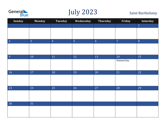 July 2023 Saint Barthelemy Calendar