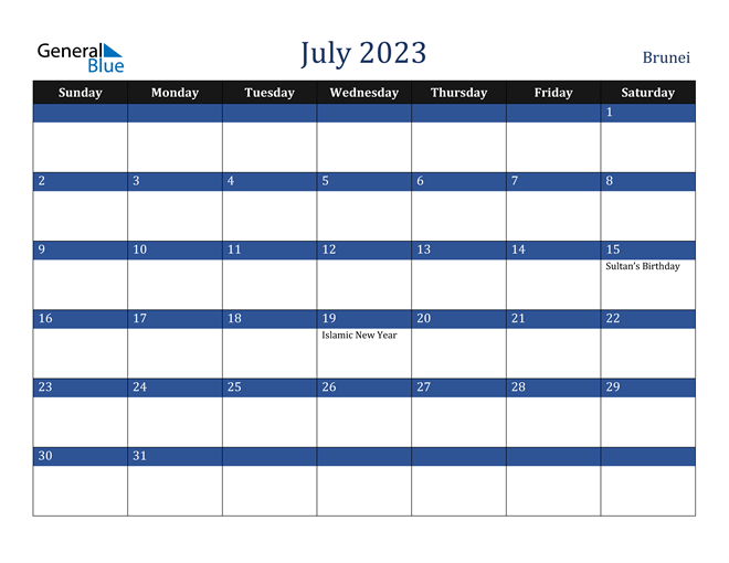 Brunei July 2023 Calendar with Holidays