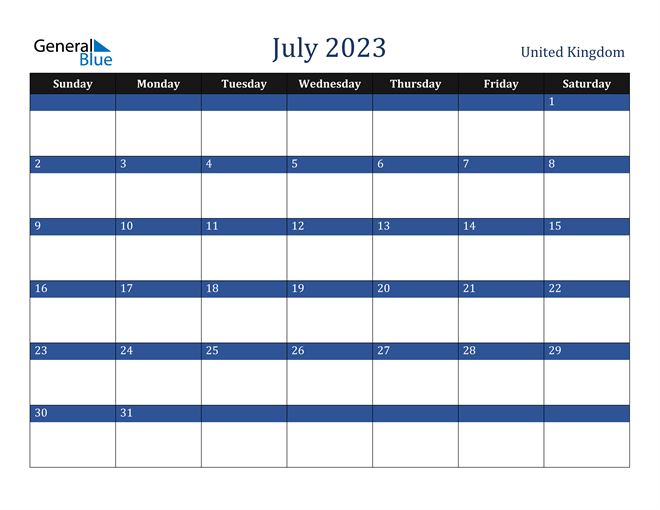 July 2023 Calendar with United Kingdom Holidays