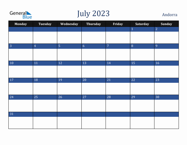 July 2023 Andorra Calendar (Monday Start)
