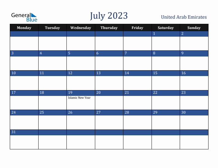 July 2023 United Arab Emirates Calendar (Monday Start)