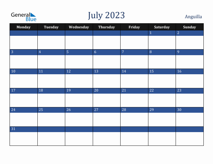 July 2023 Anguilla Calendar (Monday Start)
