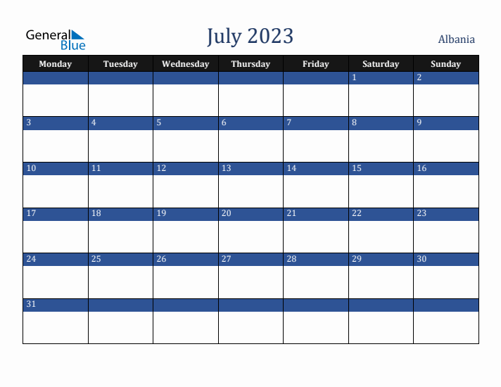 July 2023 Albania Calendar (Monday Start)