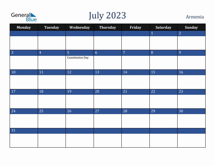 July 2023 Armenia Calendar (Monday Start)