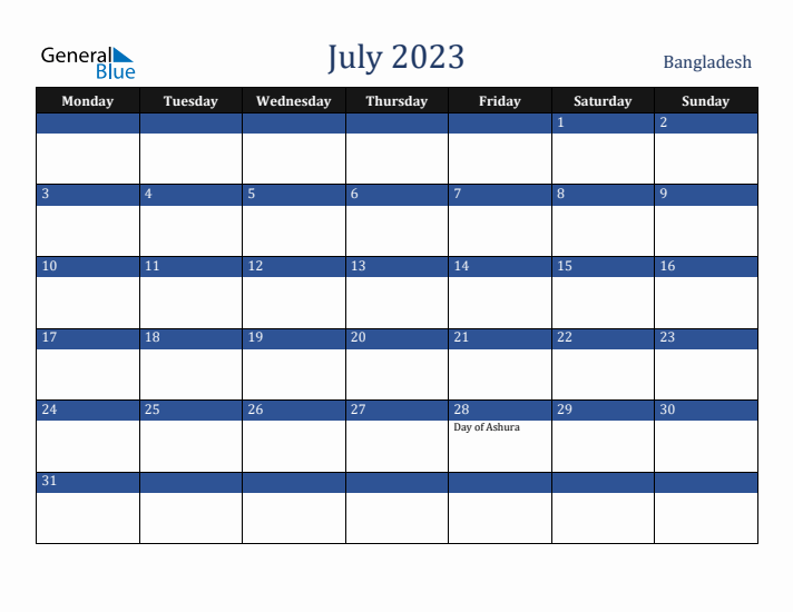 July 2023 Bangladesh Calendar (Monday Start)