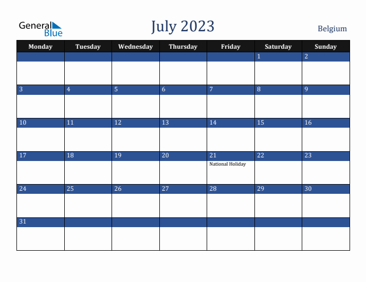 July 2023 Belgium Calendar (Monday Start)