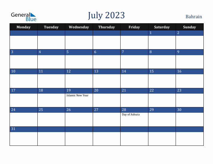 July 2023 Bahrain Calendar (Monday Start)