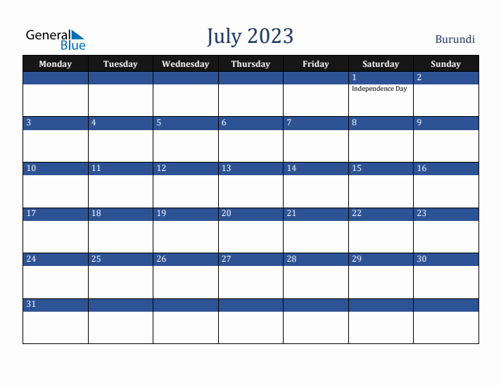 July 2023 Burundi Calendar (Monday Start)