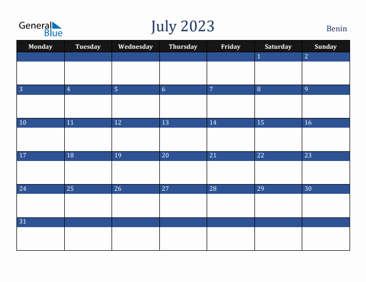 July 2023 Benin Calendar (Monday Start)