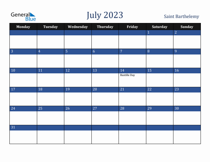 July 2023 Saint Barthelemy Calendar (Monday Start)