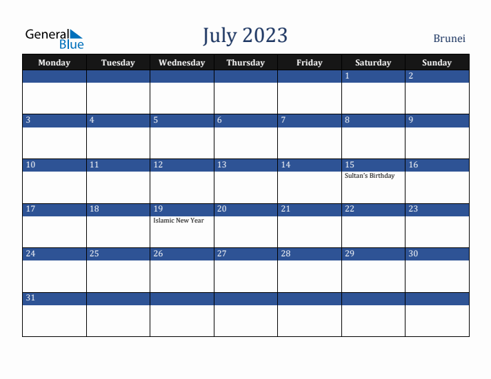 July 2023 Brunei Calendar (Monday Start)