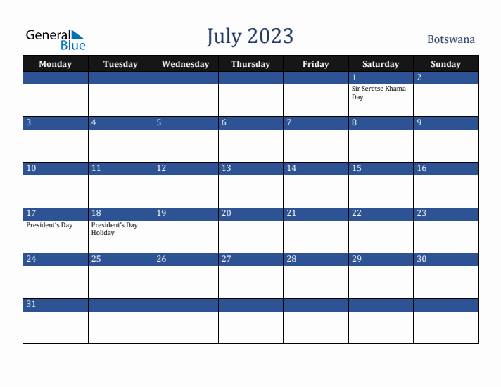 July 2023 Botswana Calendar (Monday Start)