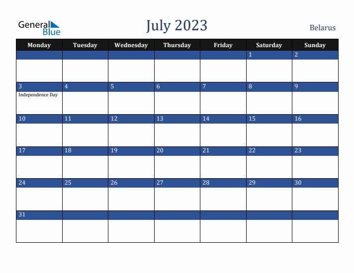 July 2023 Belarus Calendar (Monday Start)