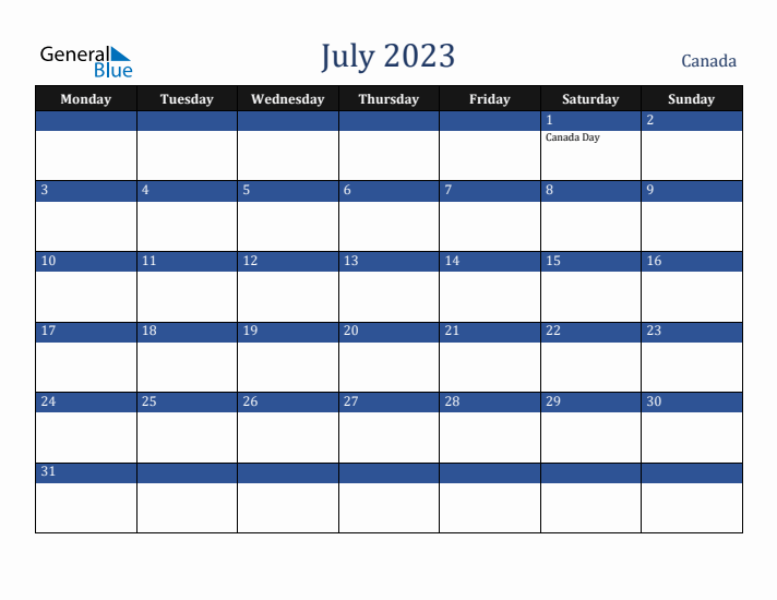 July 2023 Canada Calendar (Monday Start)