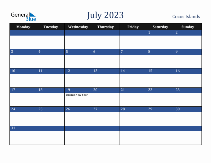 July 2023 Cocos Islands Calendar (Monday Start)