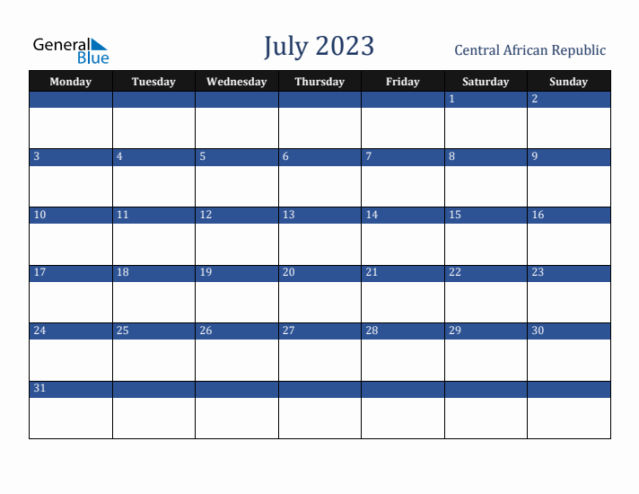 July 2023 Central African Republic Calendar (Monday Start)