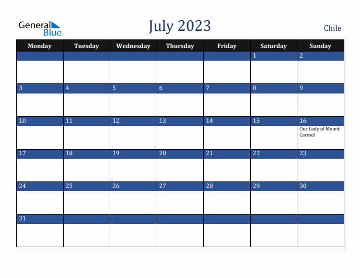 July 2023 Chile Calendar (Monday Start)