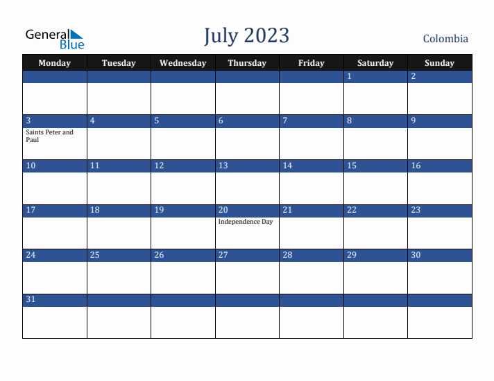 July 2023 Colombia Calendar (Monday Start)