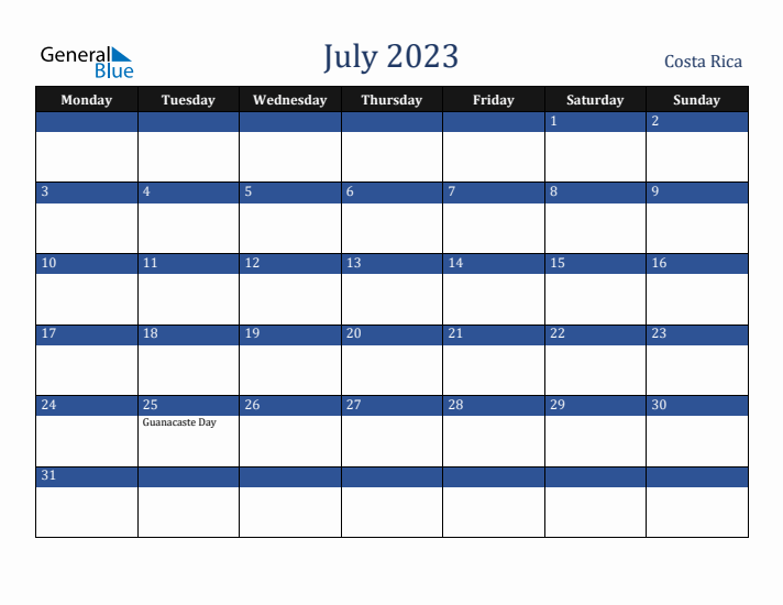 July 2023 Costa Rica Calendar (Monday Start)