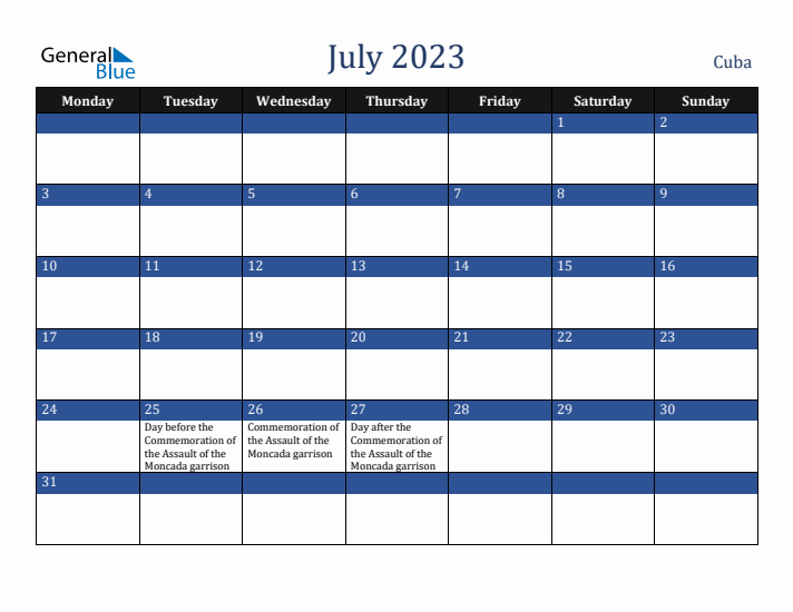 July 2023 Cuba Calendar (Monday Start)