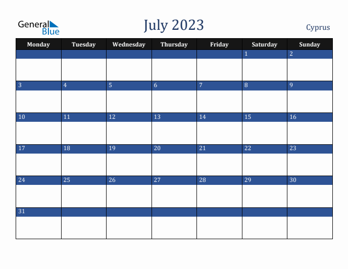 July 2023 Cyprus Calendar (Monday Start)