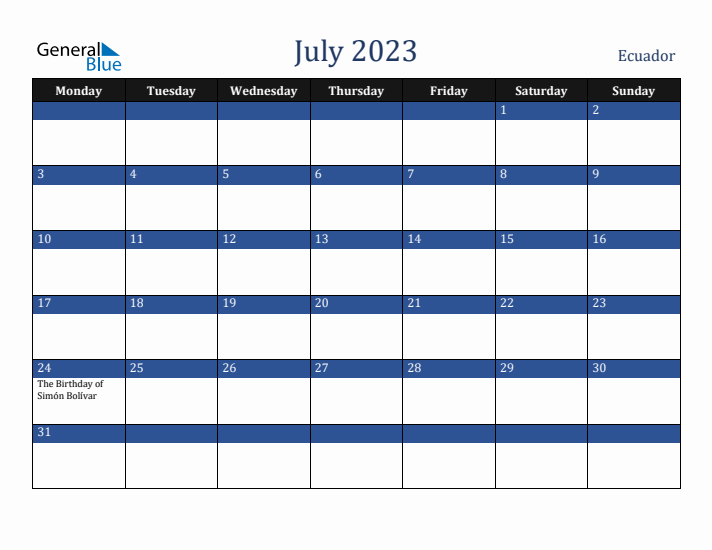 July 2023 Ecuador Calendar (Monday Start)