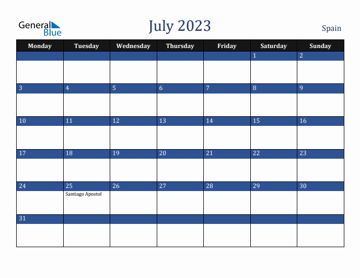 July 2023 Spain Calendar (Monday Start)