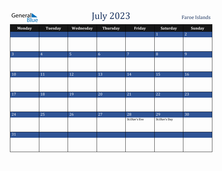July 2023 Faroe Islands Calendar (Monday Start)