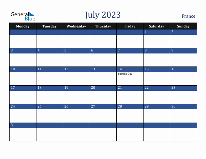 July 2023 France Calendar (Monday Start)