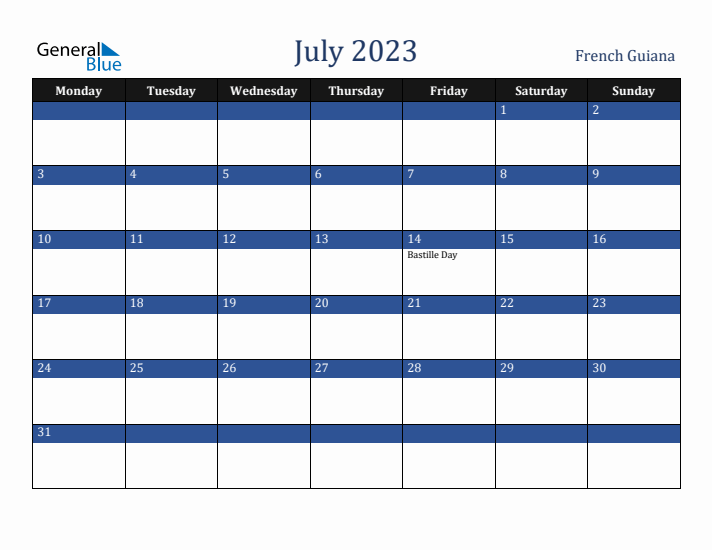 July 2023 French Guiana Calendar (Monday Start)