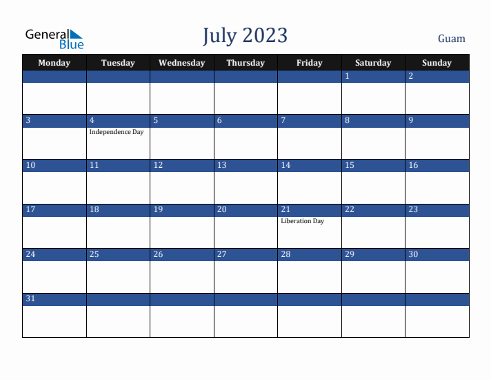 July 2023 Guam Calendar (Monday Start)