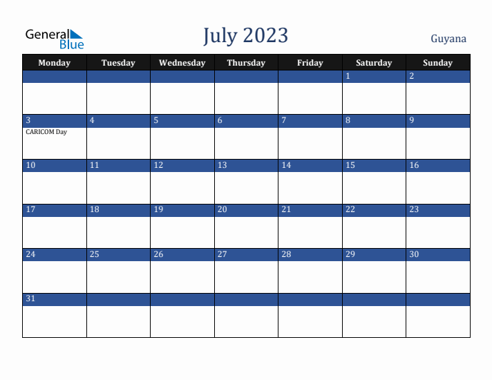 July 2023 Guyana Calendar (Monday Start)
