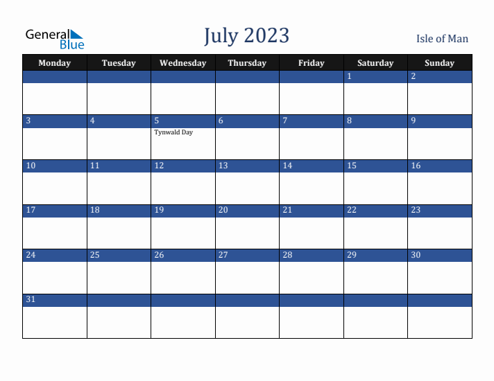 July 2023 Isle of Man Calendar (Monday Start)