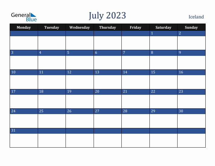 July 2023 Iceland Calendar (Monday Start)