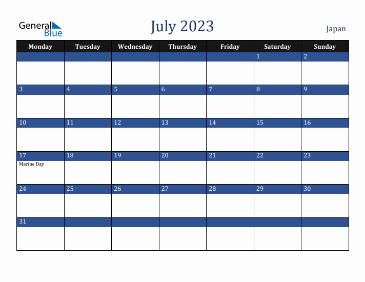 July 2023 Japan Calendar (Monday Start)