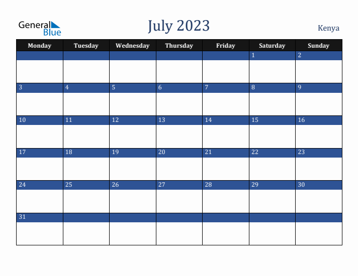 July 2023 Kenya Calendar (Monday Start)