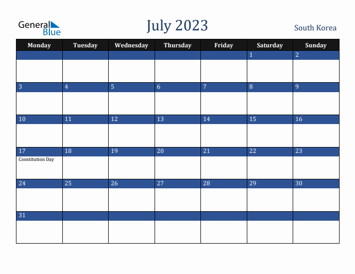 July 2023 South Korea Calendar (Monday Start)