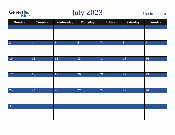 July 2023 Liechtenstein Calendar (Monday Start)