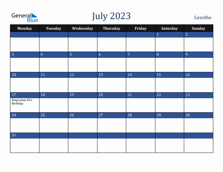 July 2023 Lesotho Calendar (Monday Start)