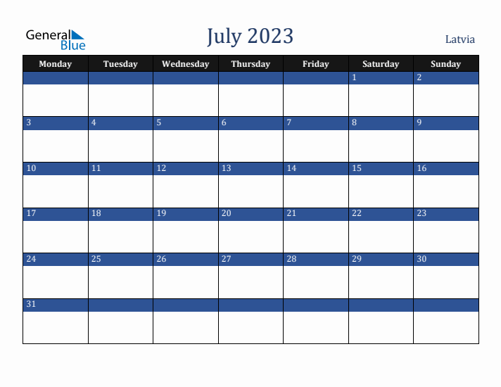 July 2023 Latvia Calendar (Monday Start)