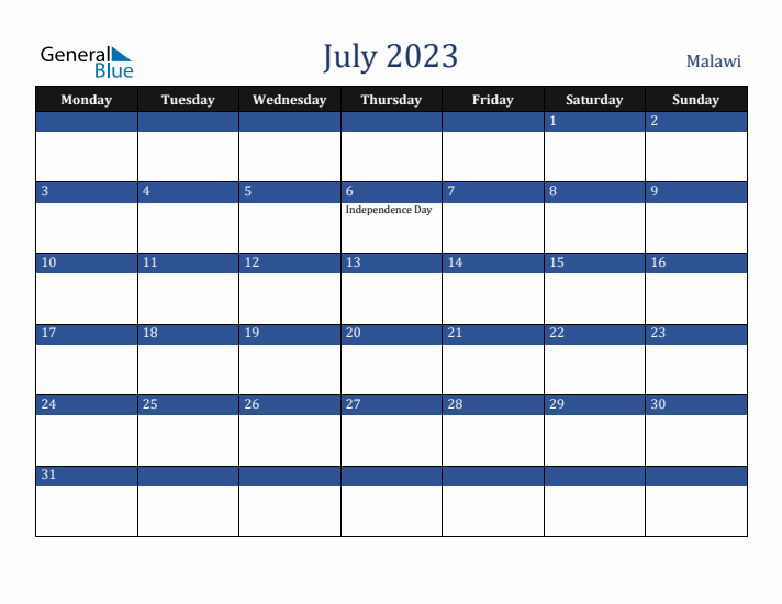 July 2023 Malawi Calendar (Monday Start)