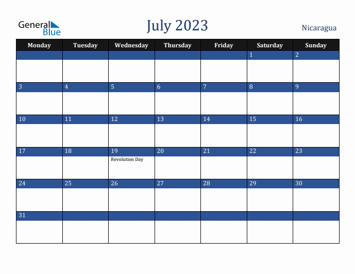 July 2023 Nicaragua Calendar (Monday Start)