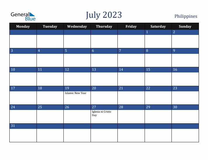 July 2023 Philippines Calendar (Monday Start)