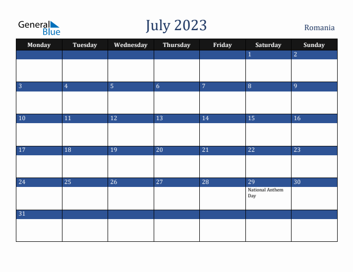 July 2023 Romania Calendar (Monday Start)