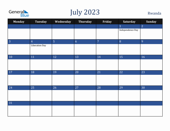July 2023 Rwanda Calendar (Monday Start)