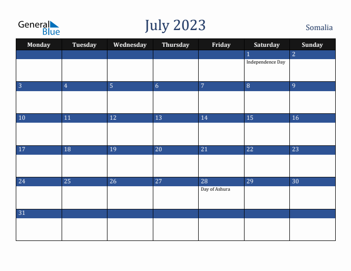 July 2023 Somalia Calendar (Monday Start)