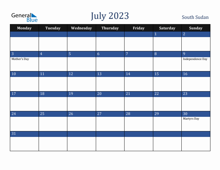 July 2023 South Sudan Calendar (Monday Start)